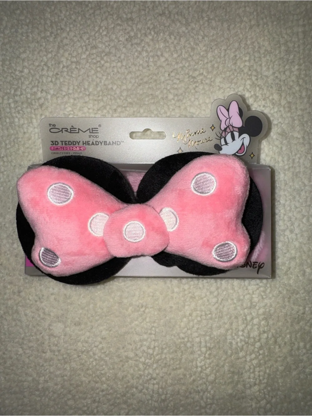 Minnie Mouse 3D Teddy Pink Bow Headband, Pink with White Polkadots, NEW